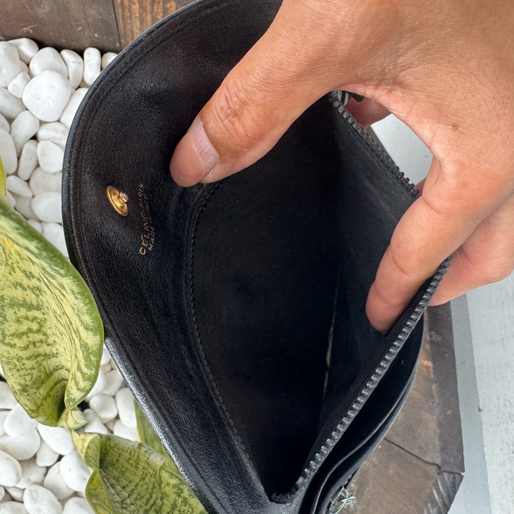 Celine Vintage Macadam Leather Long Wallet Black Envelope Style Flap Closure - Picture 11 of 13